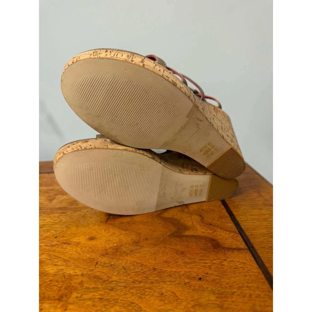 Boden Ruffle Ribbon Cork Wedge Sandals Taupe Pink Orange Size 41 EU 10 US